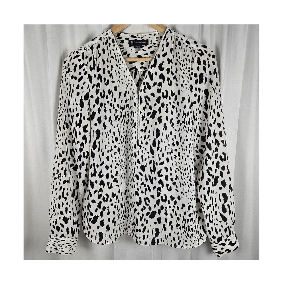 Sheer International Concepts Black/Cream Leopard Print V-Neck Zip Blouse Size 4